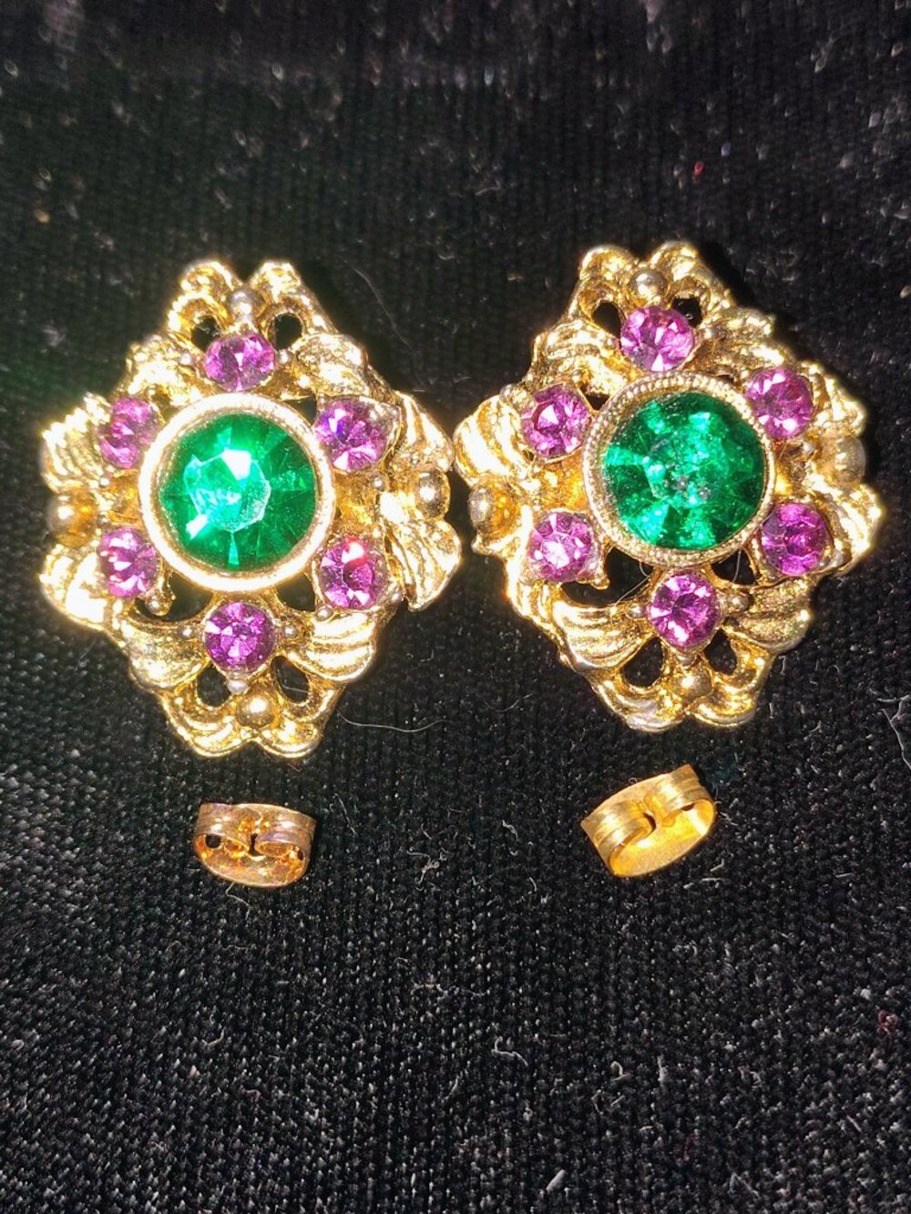 Vintage Emerald Green Amethyst Purple Filestone Stud Earrings Victorian Revival
